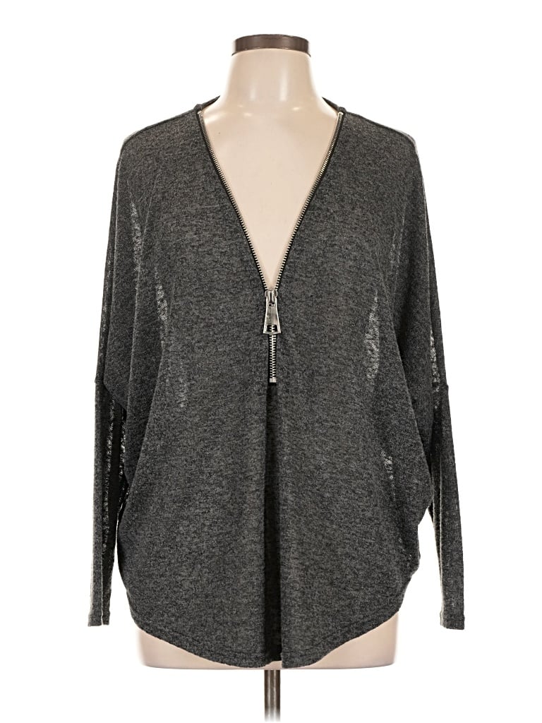 Pre-owned Joan Vass Long Sleeve Top Gray Plunge Neckline Tops