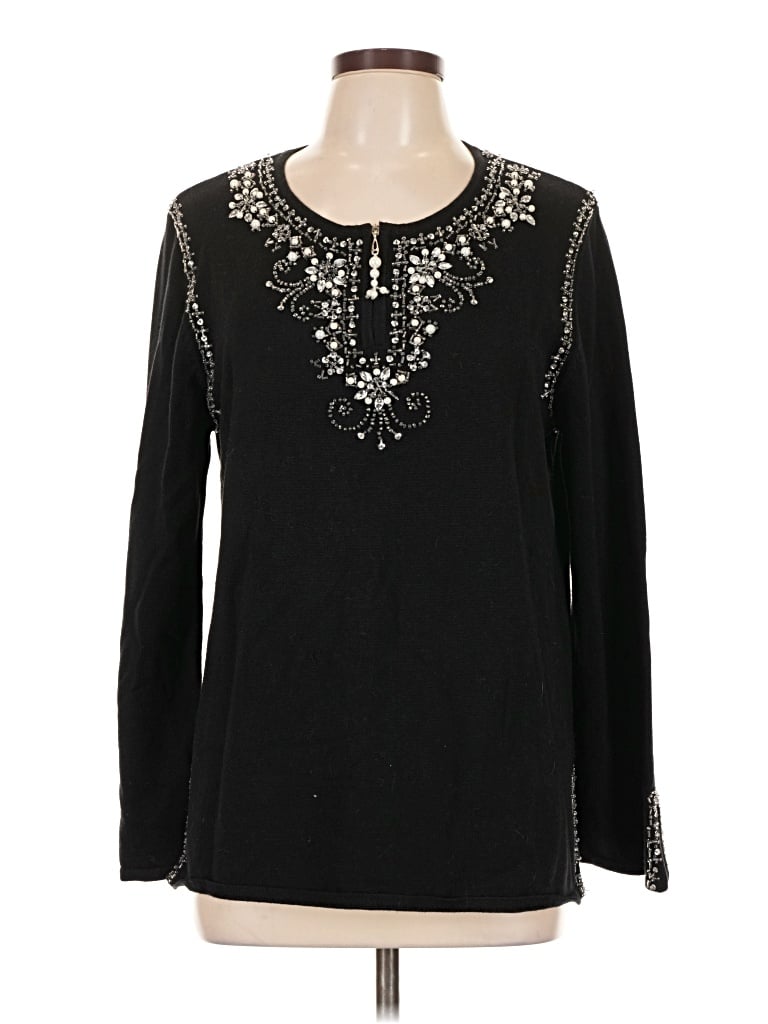 Pre-owned Quacker Factory Long Sleeve Top Black Keyhole Neckline Tops