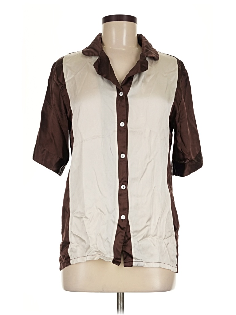 Pre-owned Assorted Brands Short Sleeve Silk Top Brown Color Block Pattern Collared Neckline Tops