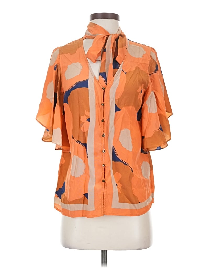 Pre-owned Tracy Reese Short Sleeve Silk Top Orange Color Block Pattern Tie Neck Tops