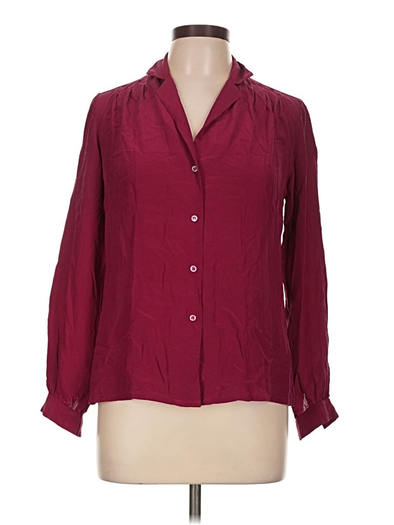 Pre-owned Insight Long Sleeve Silk Top Burgundy Square Neckline Tops