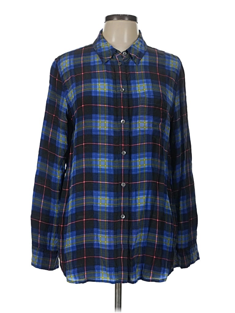 Pre-owned Equipment Long Sleeve Silk Top Blue Plaid Pattern Collared Neckline Tops