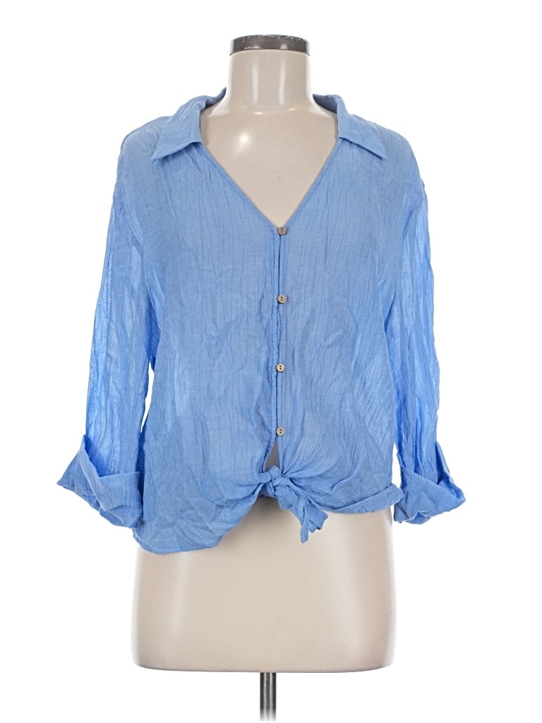Pre-owned Mng 3/4 Sleeve Button Down Shirt In Blue