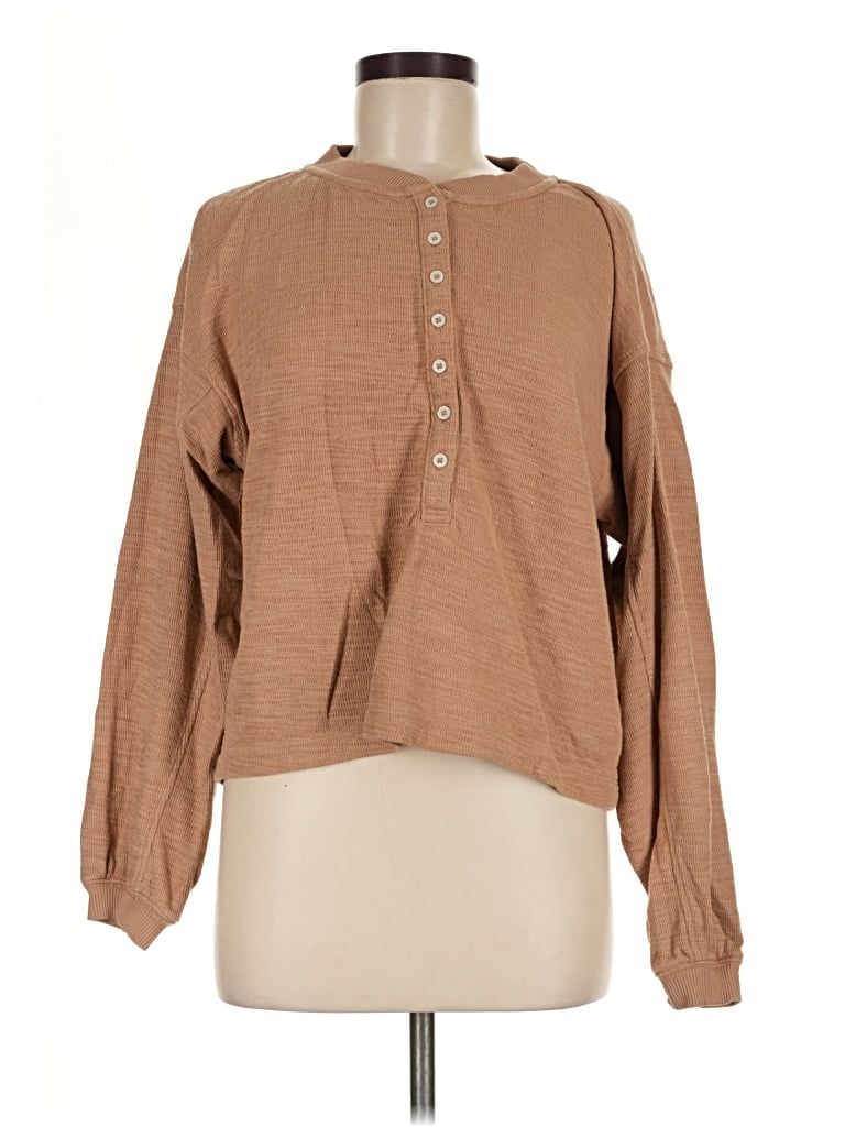 Pre-owned Aerie Long Sleeve Henley Shirt In Brown
