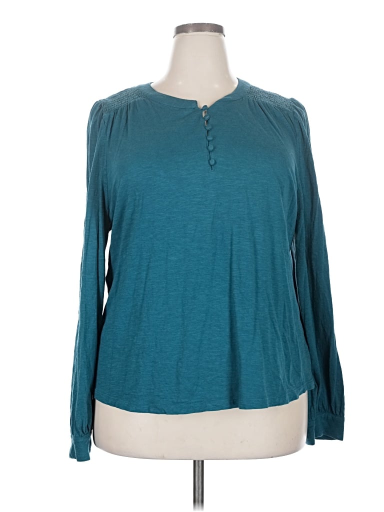 Pre-owned Wonderly Long Sleeve Top Teal Keyhole Neckline Tops