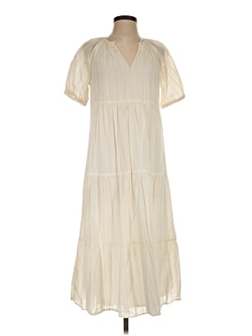 Madewell Bubble-Sleeve Tiered Midi Dress in Textural Stripe (view 1)