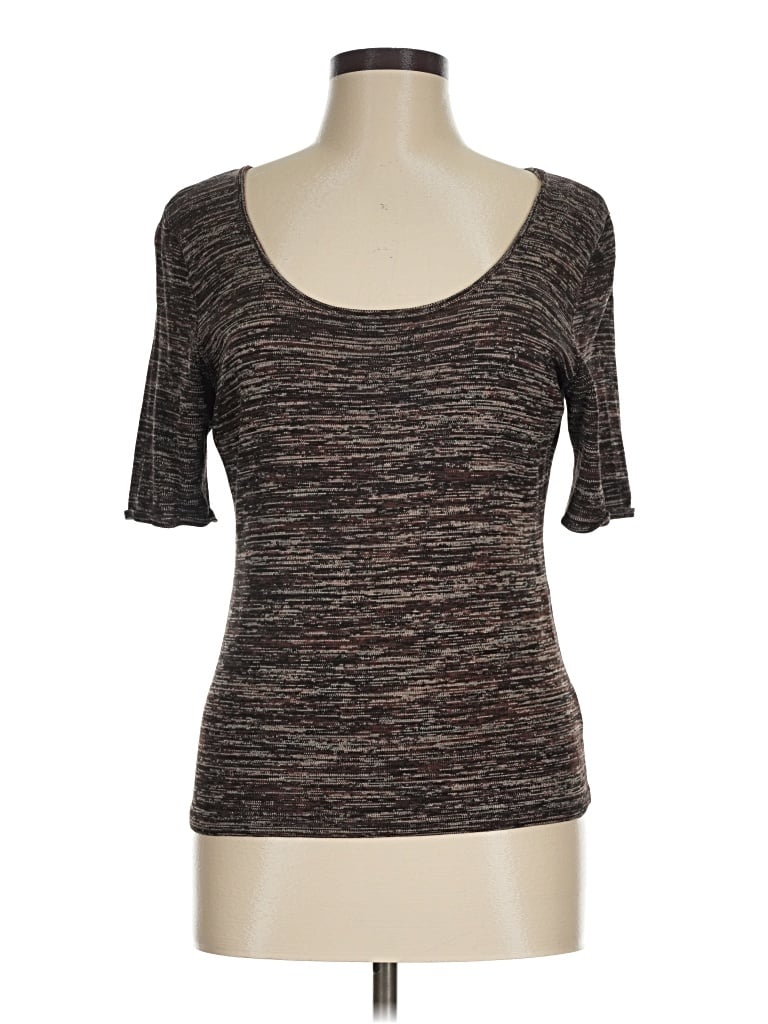 Pre-owned Dana Buchman Short Sleeve Silk Top Brown Stripes Pattern Scoop Neck Tops