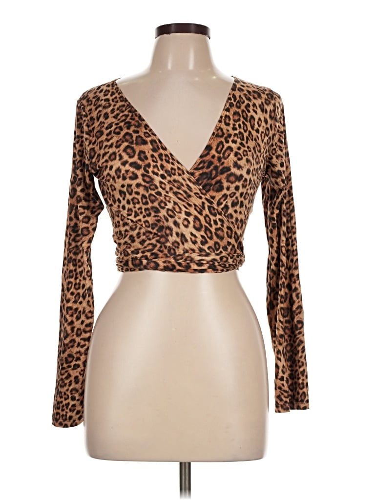 Pre-owned Black Bead Long Sleeve Top Brown Plunge Neckline Tops