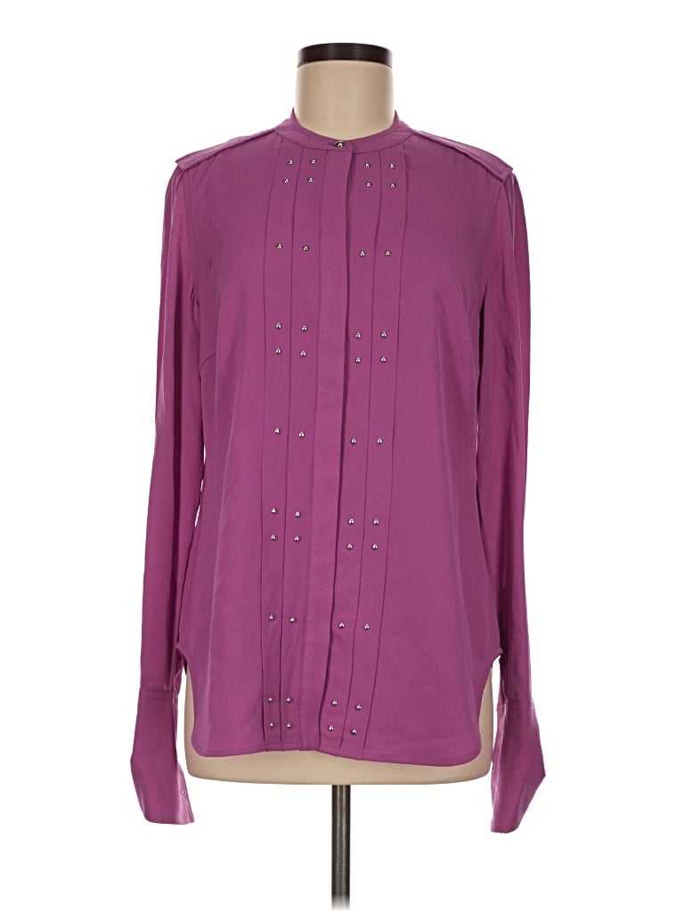 Pre-owned Carlisle Long Sleeve Silk Top Purple Keyhole Neckline Tops