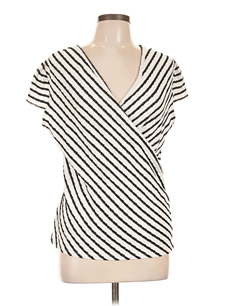 Pre-owned Loveappella Short Sleeve Top Ivory Stripes Pattern Plunge Neckline Tops