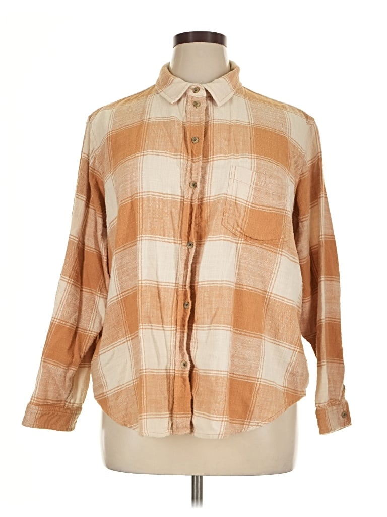 Pre-owned American Eagle Outfitters 3/4 Sleeve Button Down Shirt In Tan