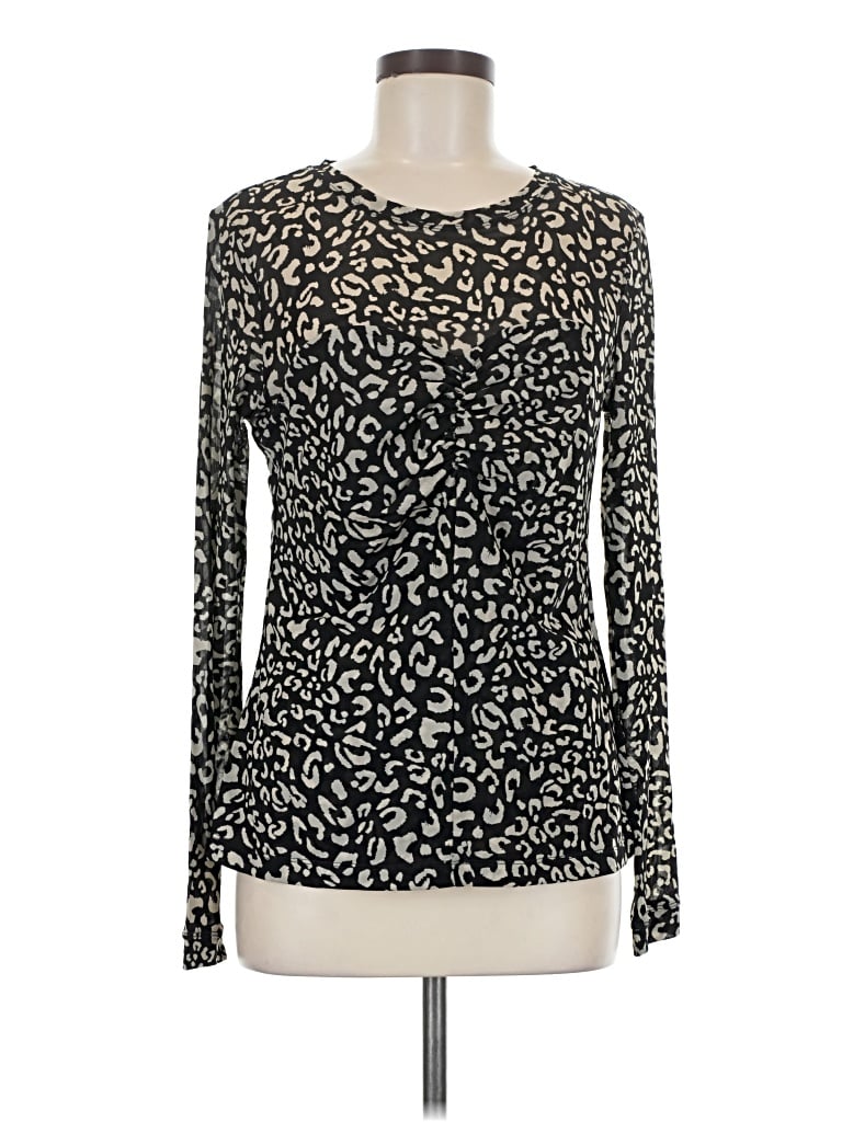 Pre-owned Cabi Long Sleeve Top Black Animal Print Pattern Keyhole Neckline Tops