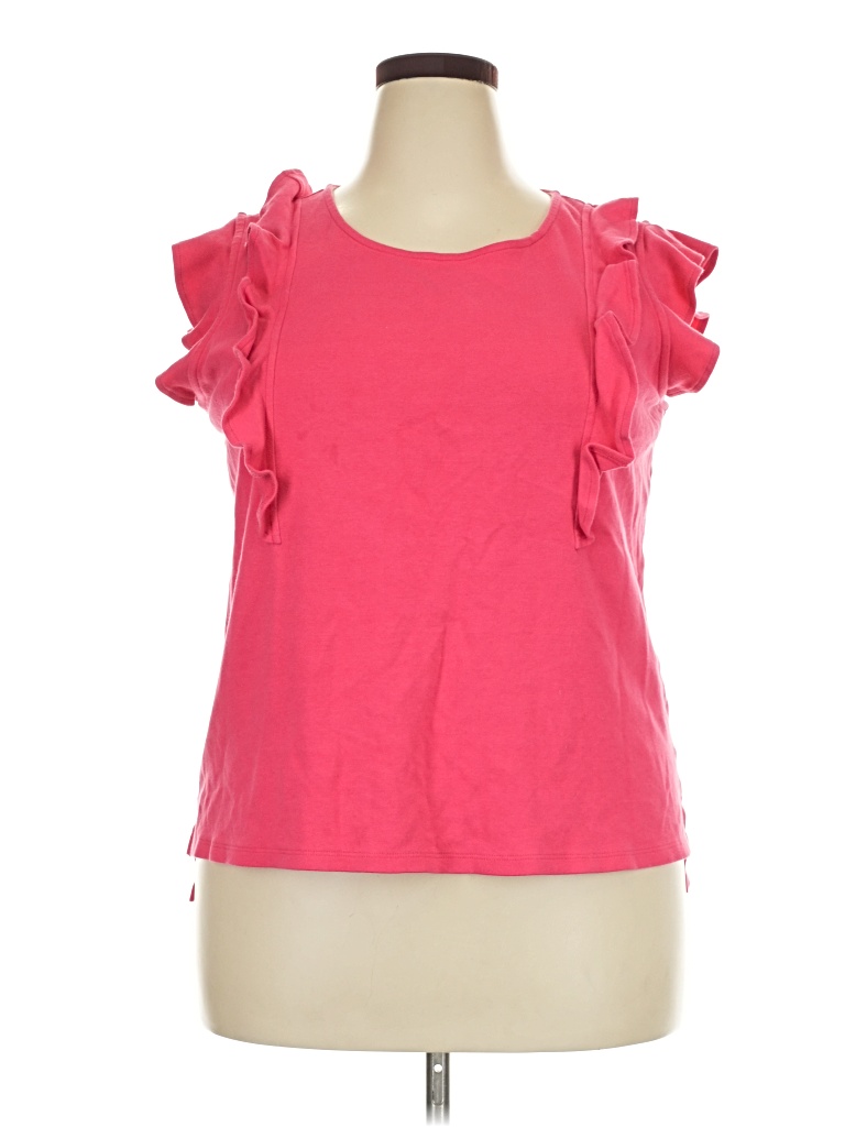 Pre-owned Crown & Ivy Short Sleeve Top Pink Ruffles Neckline Tops