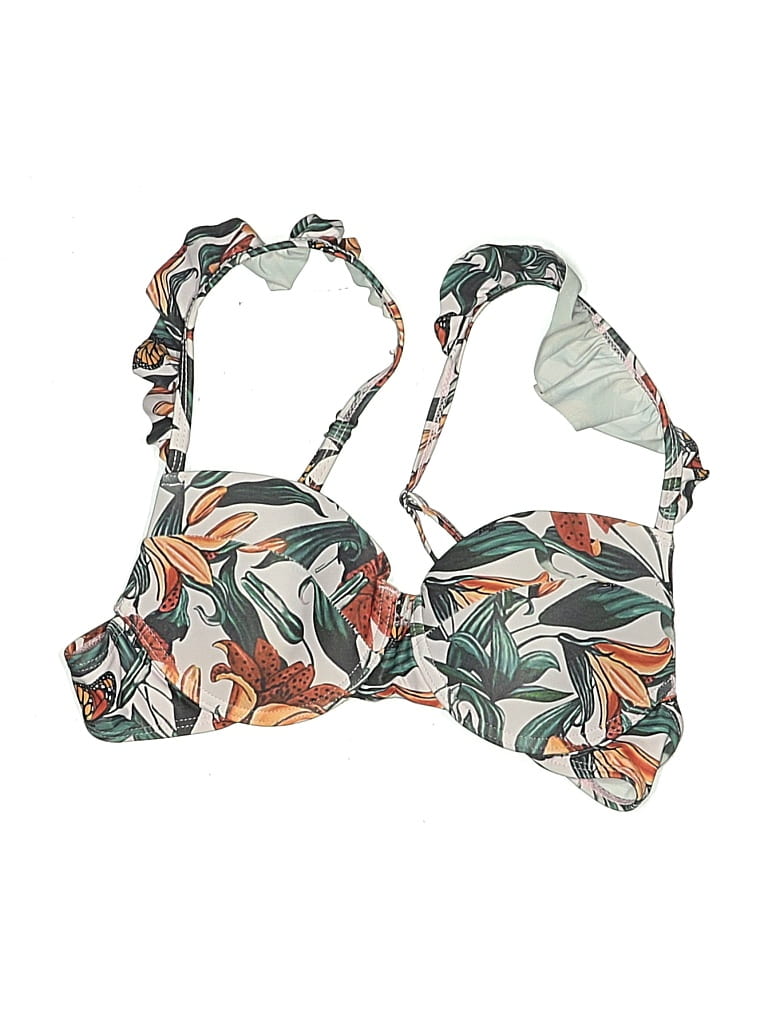 Pre-owned Unbranded Swimsuit Top Green Tropical Pattern Swimwear