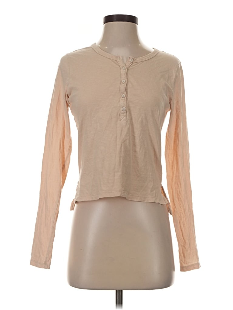 Pre-owned Aerie Long Sleeve Henley Shirt In Tan