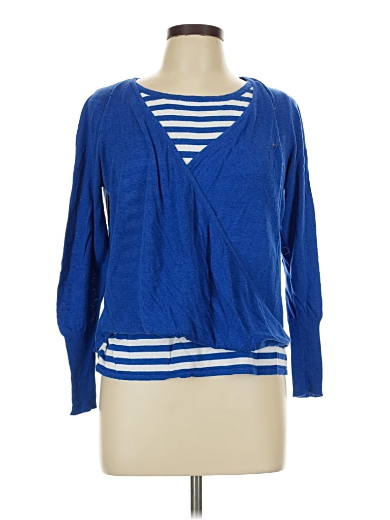 Pre-owned Ny Collection Long Sleeve Top Blue Plunge Neckline Tops