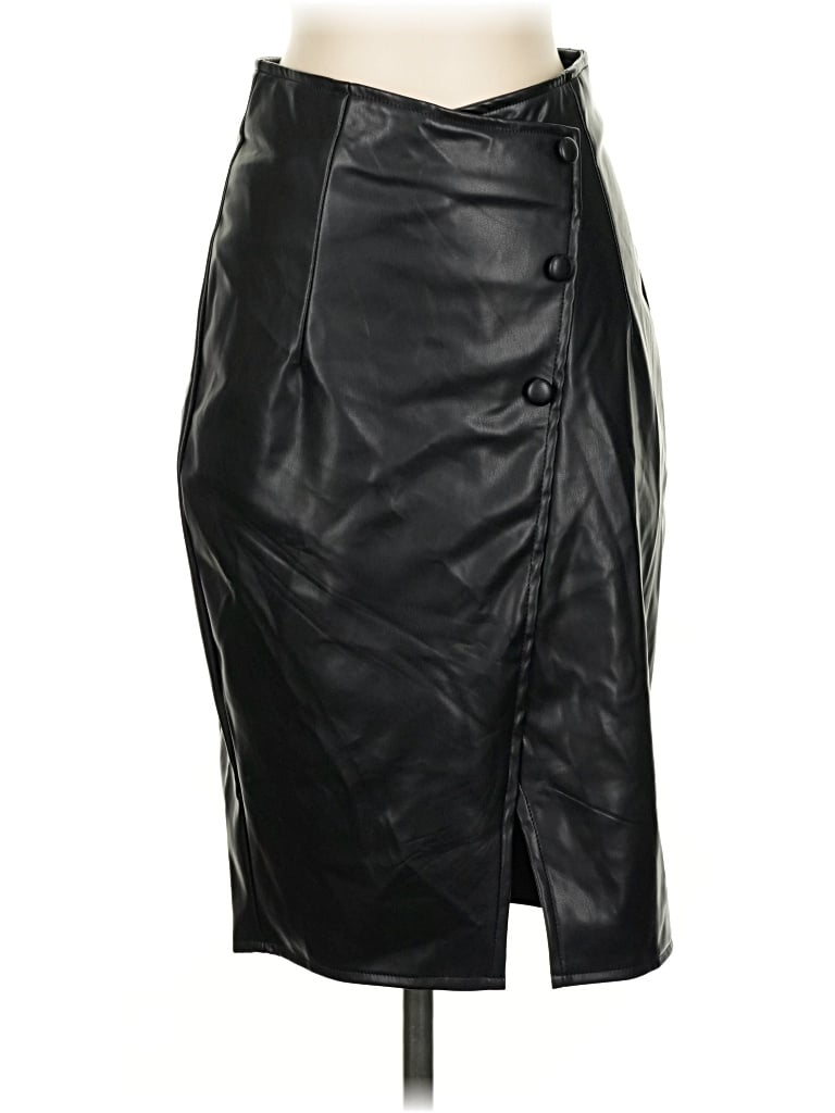 Pre-owned Kate Kasin Faux Leather Skirt In Black