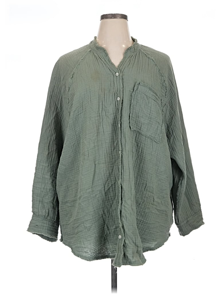 Pre-owned Aerie Long Sleeve Polo Shirt In Green
