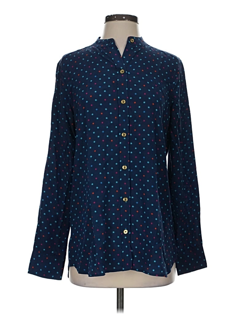 Pre-owned C. Wonder Long Sleeve Silk Top Blue Polka Dots Pattern Mock Neckline Tops
