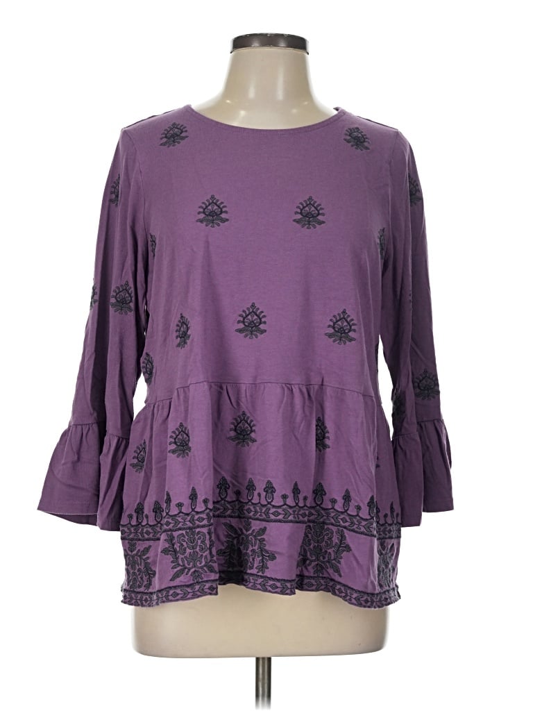 Pre-owned Purejill 3/4 Sleeve Top Purple Print Pattern Boatneck Tops