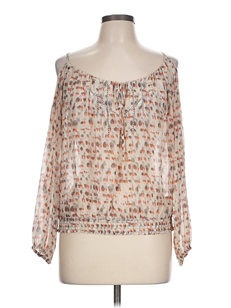 Pre-owned Guess By Marciano 3/4 Sleeve Silk Top Tan Off The Shoulder Neckline Tops