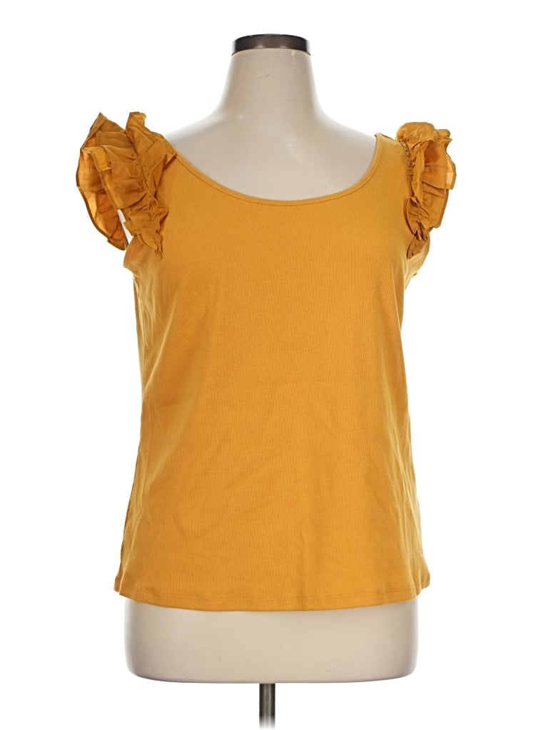 Pre-owned Candace Cameron Bure Short Sleeve Top Yellow Sweetheart Neckline Tops