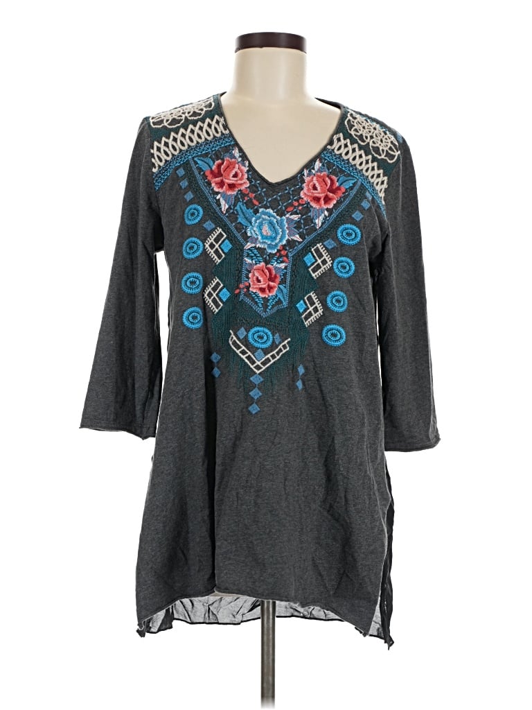 Pre-owned Johnny Was 3/4 Sleeve Top Gray V-neck Tops
