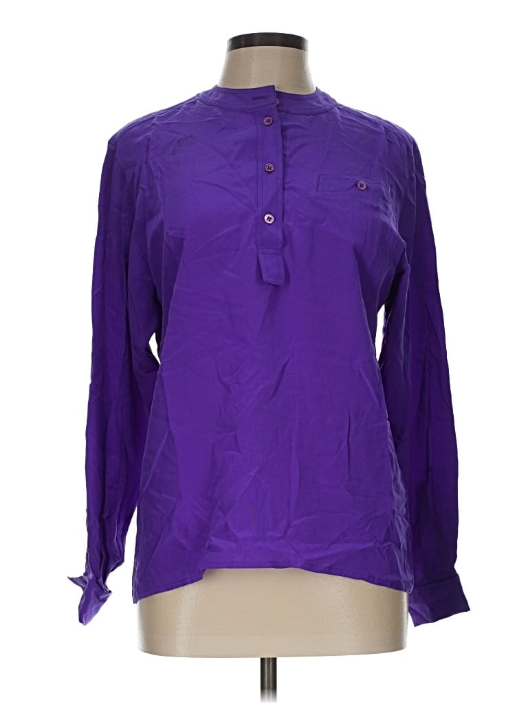 Pre-owned Oleg Cassini Long Sleeve Silk Top Purple Keyhole Neckline Tops