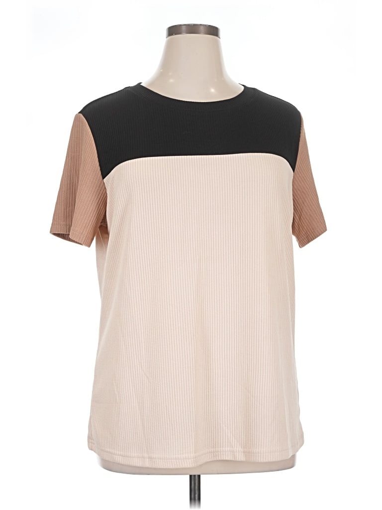 Pre-owned Miholl Short Sleeve Top Tan Color Block Pattern Crew Neck Tops