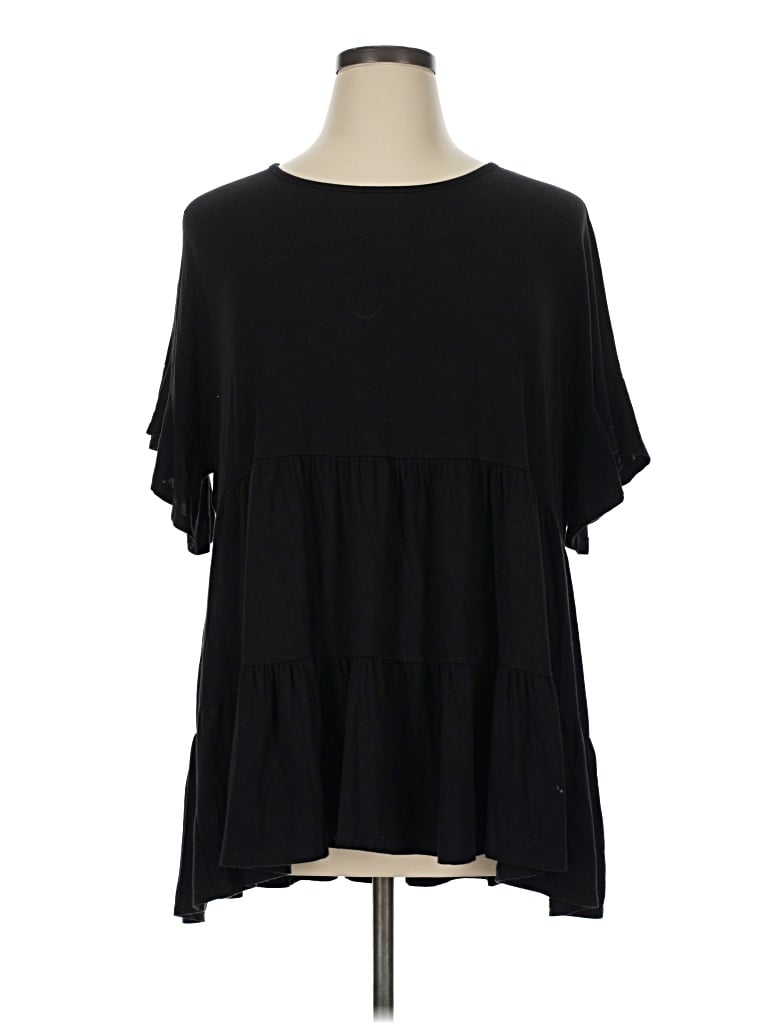 Pre-owned Beeson River Short Sleeve Top Black Ruffles Neckline Tops