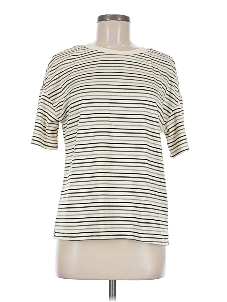 Pre-owned Merokeety Short Sleeve Top Ivory Stripes Pattern Boatneck Tops