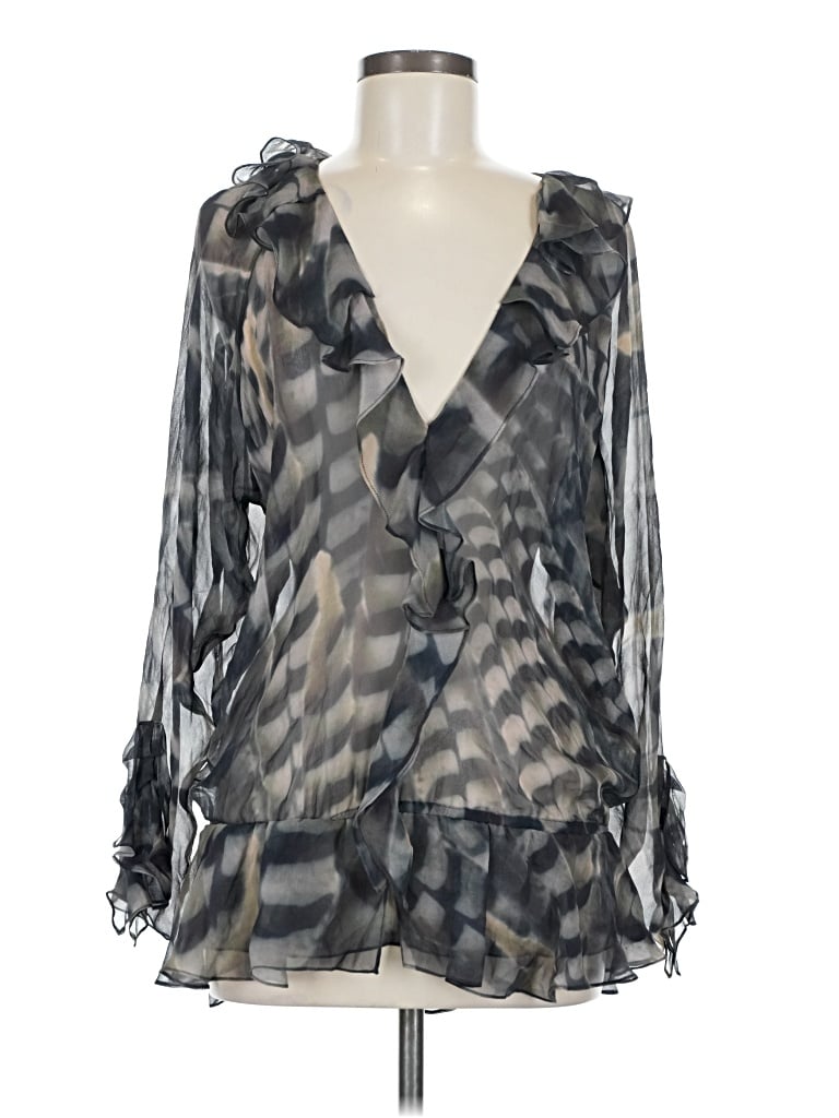 Pre-owned Haute Hippie 3/4 Sleeve Silk Top Gray Plunge Neckline Tops