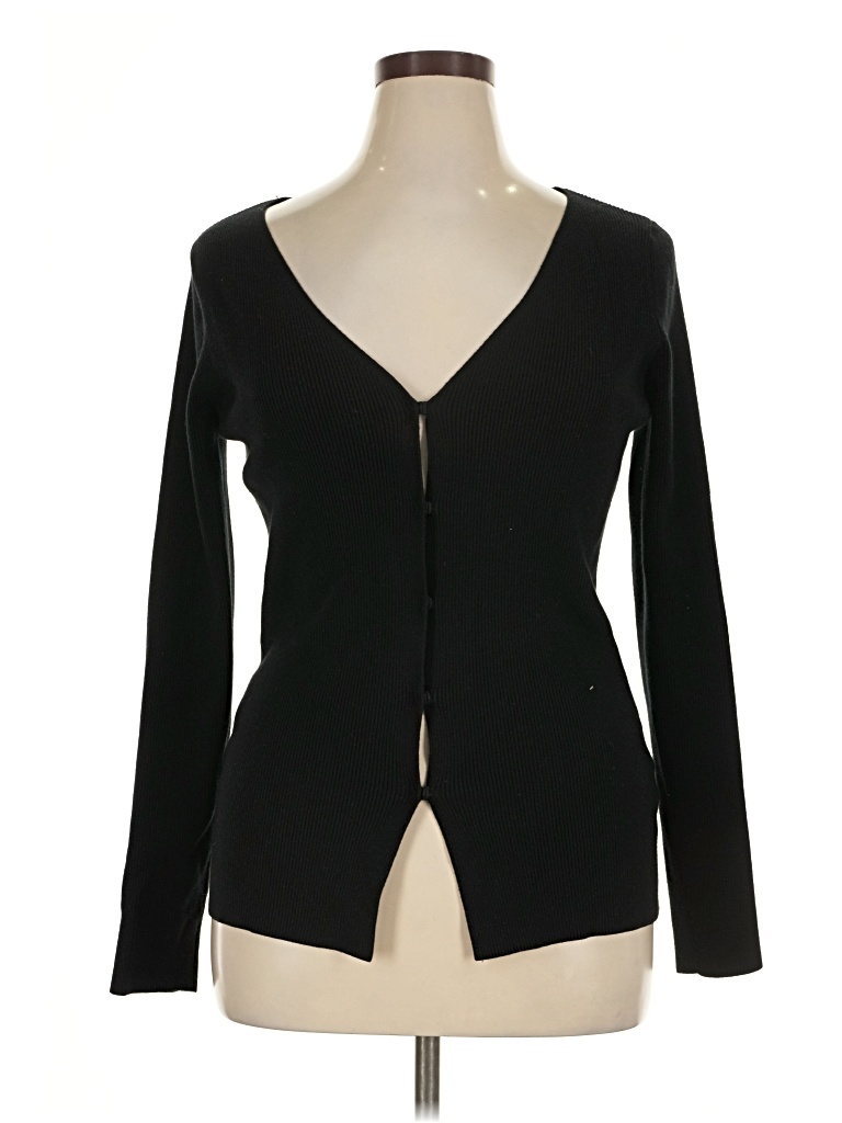 Pre-owned Open Edit Long Sleeve Top Black Plunge Neckline Tops