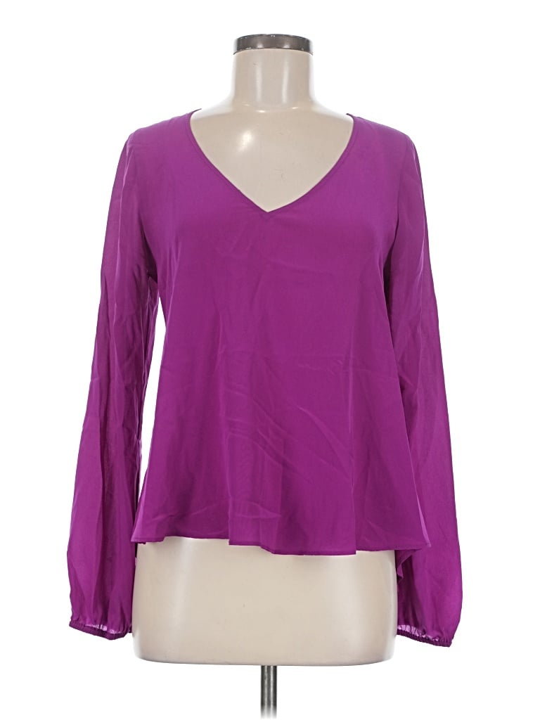 Pre-owned Lavender Brown Long Sleeve Silk Top Purple V-neck Tops