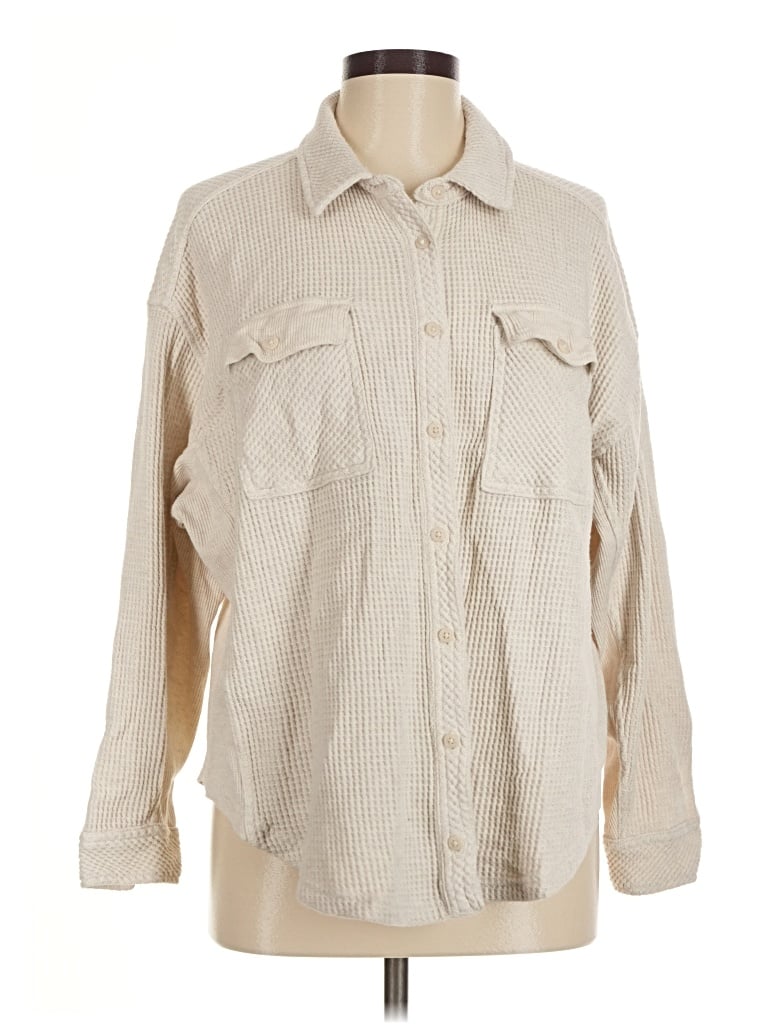 Pre-owned Aerie Long Sleeve Button Down Shirt In Tan