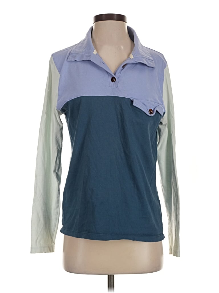 Pre-owned Donni Long Sleeve Top Blue Color Block Pattern Collared Neckline Tops
