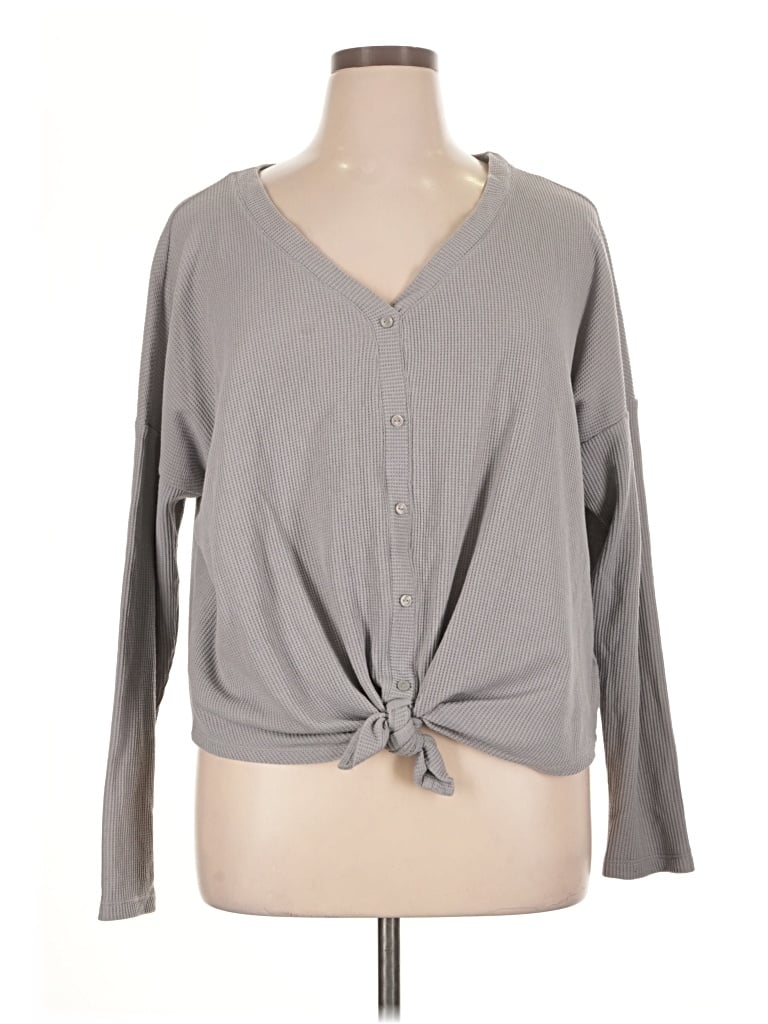 Pre-owned Como Vintage Long Sleeve Top Gray Plunge Neckline Tops