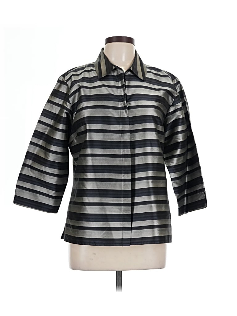 Pre-owned Preston & York 3/4 Sleeve Silk Top Silver Stripes Pattern Collared Neckline Tops