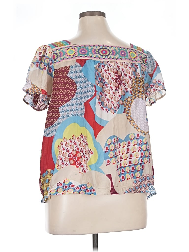 Pre-owned Johnny Was Short Sleeve Silk Top Ivory Graphic Pattern Square Neckline Tops