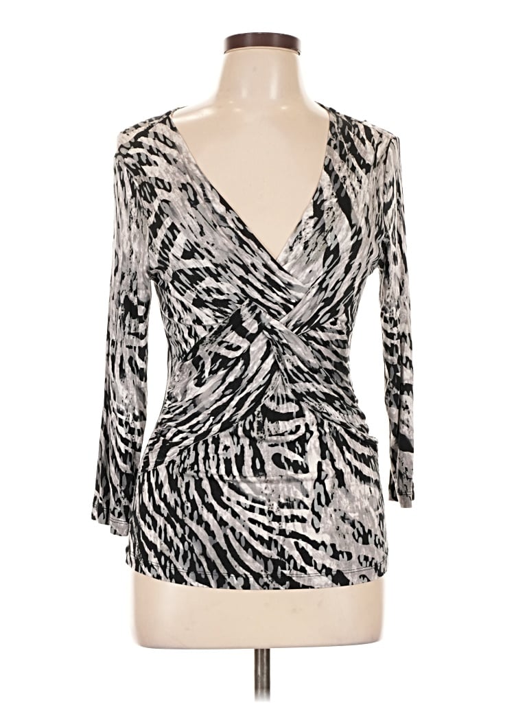 Pre-owned Cable & Gauge 3/4 Sleeve Top Silver Plunge Neckline Tops