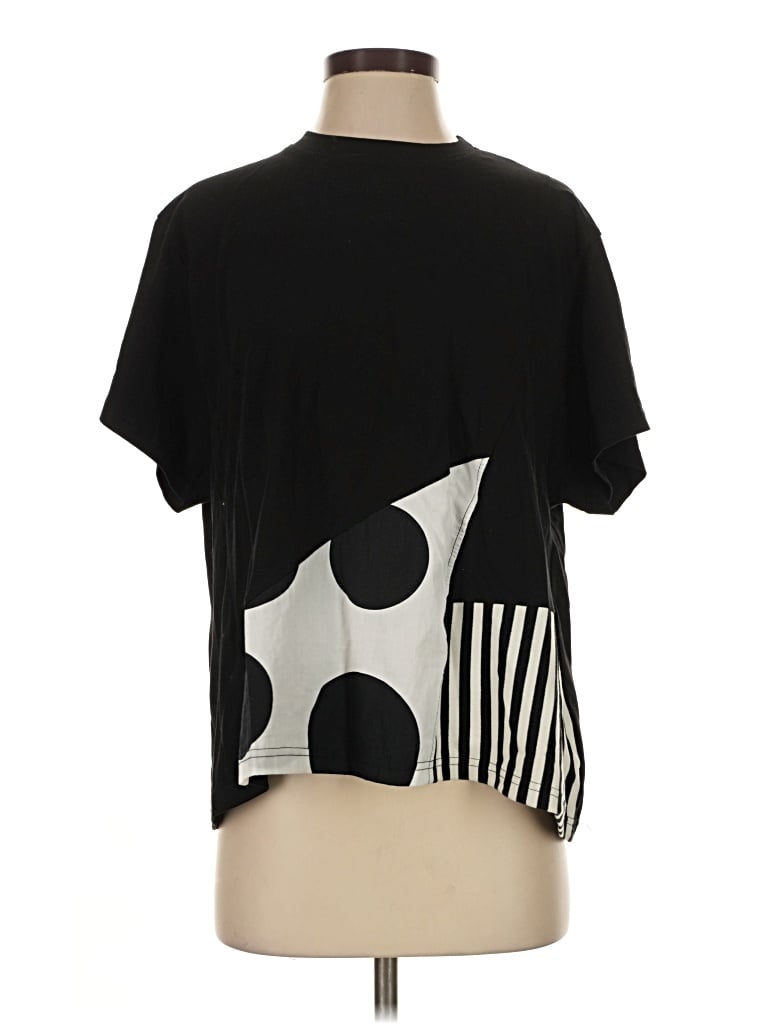 Pre-owned Alembika Short Sleeve Top Black Graphic Pattern Mock Neckline Tops