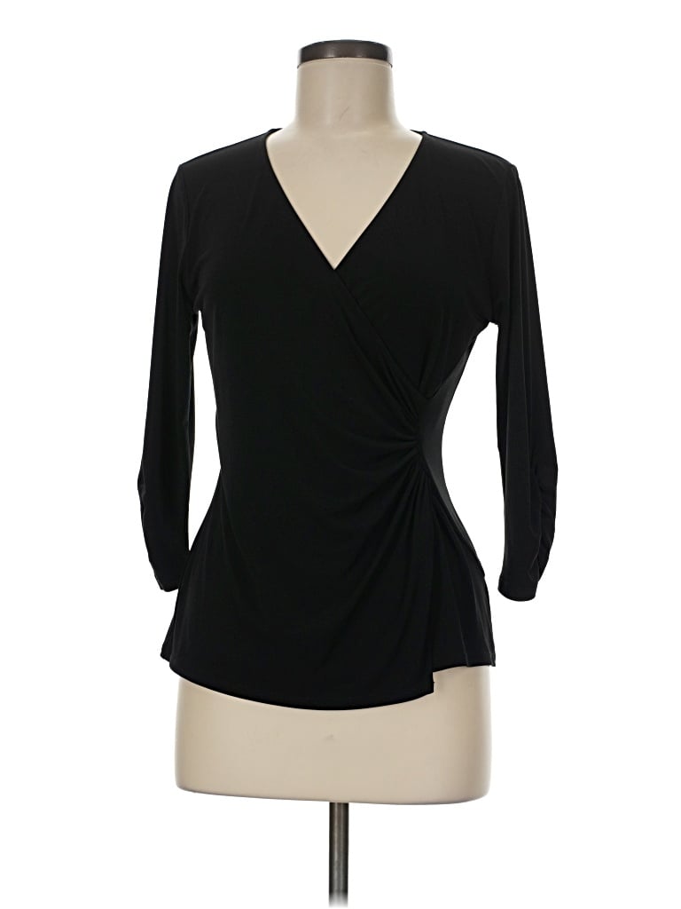 Pre-owned Bisou Bisou 3/4 Sleeve Top Black Plunge Neckline Tops