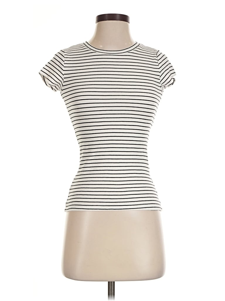 Club Monaco Short Sleeve Turtleneck: Ivory Stripes Pattern Tops - Size X-Small