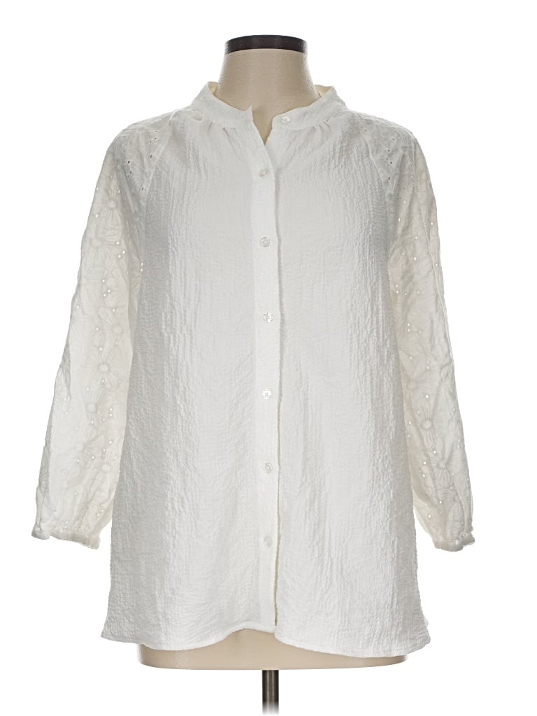 Pre-owned Anne Klein 3/4 Sleeve Button Down Shirt In Ivory