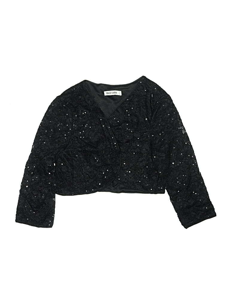 Pre-owned Grace Karin Kids' Long Sleeve Top Black Plunge Neckline Tops