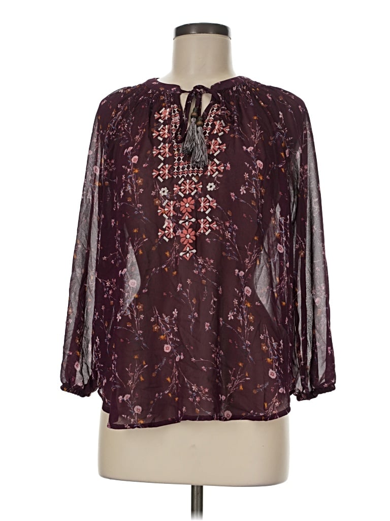 Pre-owned Violets & Roses 3/4 Sleeve Blouse In Burgundy