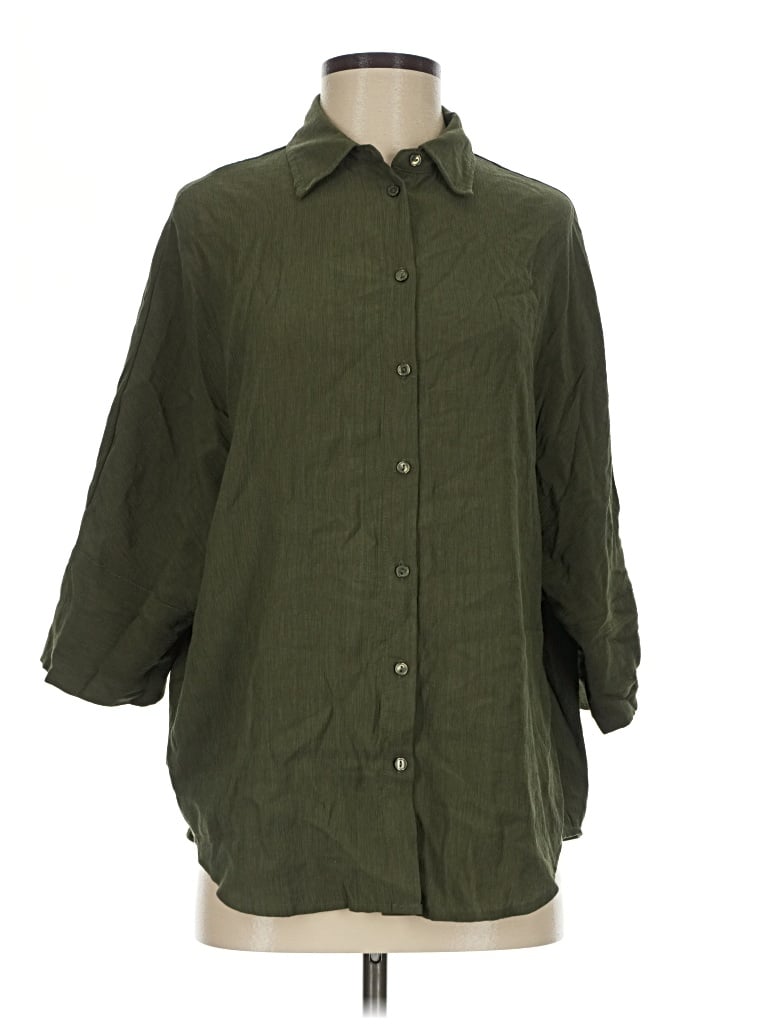 Pre-owned Mng 3/4 Sleeve Button Down Shirt In Green