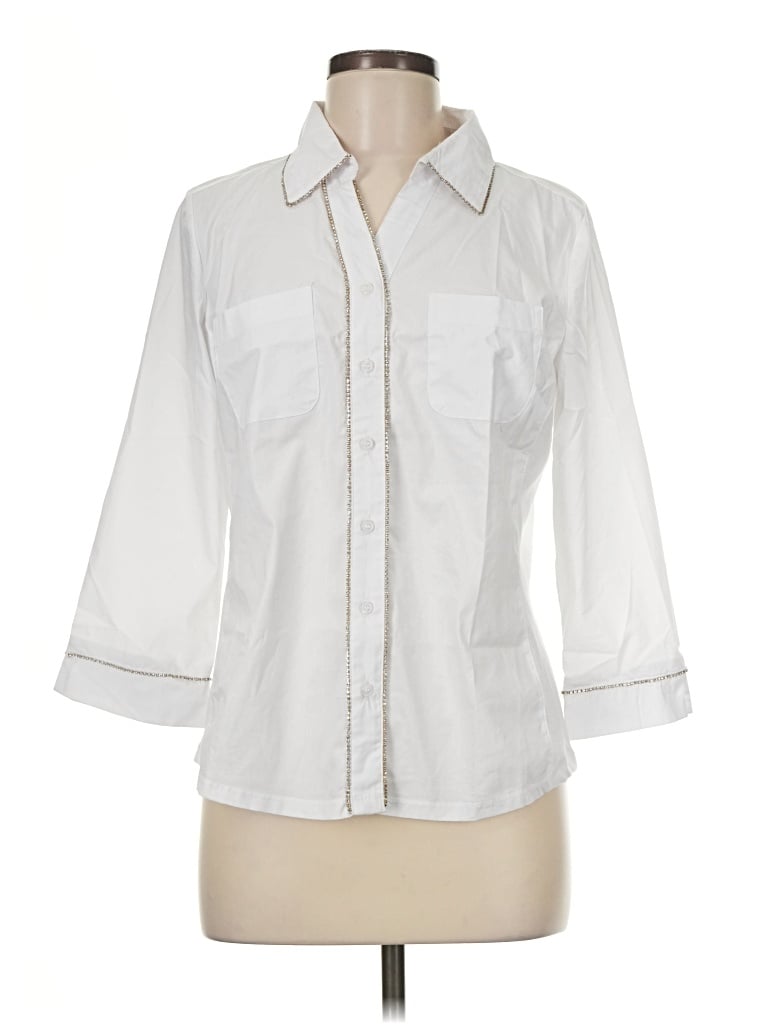 Pre-owned Emily Daniels 3/4 Sleeve Button Down Shirt In White
