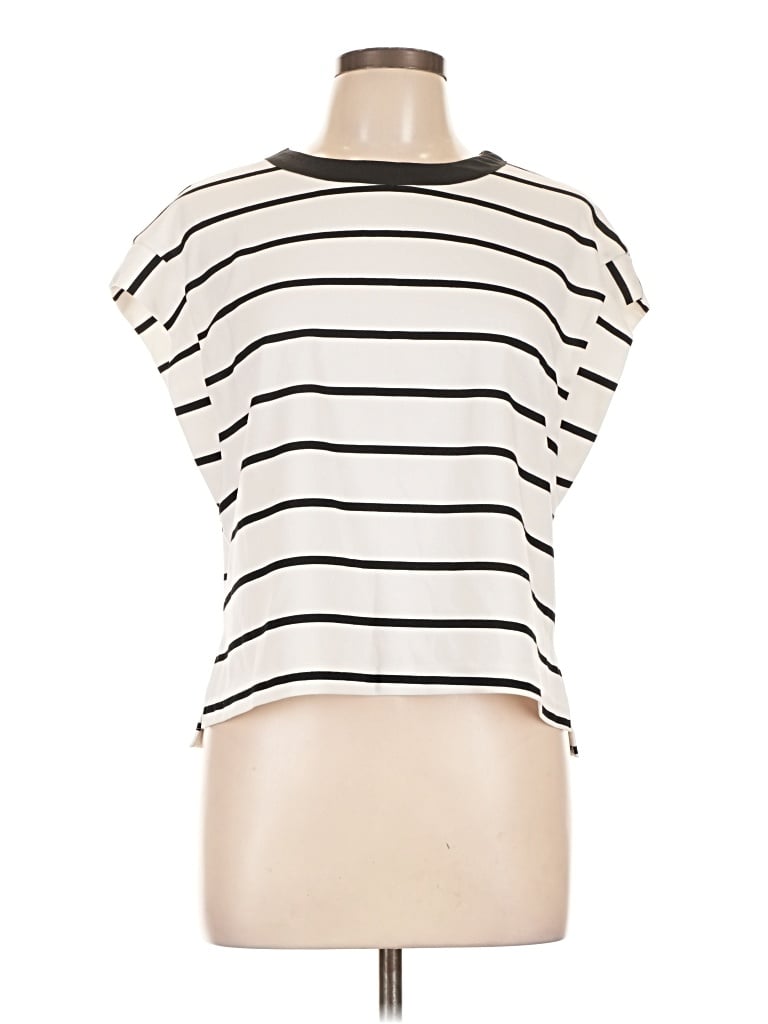 Pre-owned Melloday Short Sleeve Top Ivory Stripes Pattern High Neck Tops