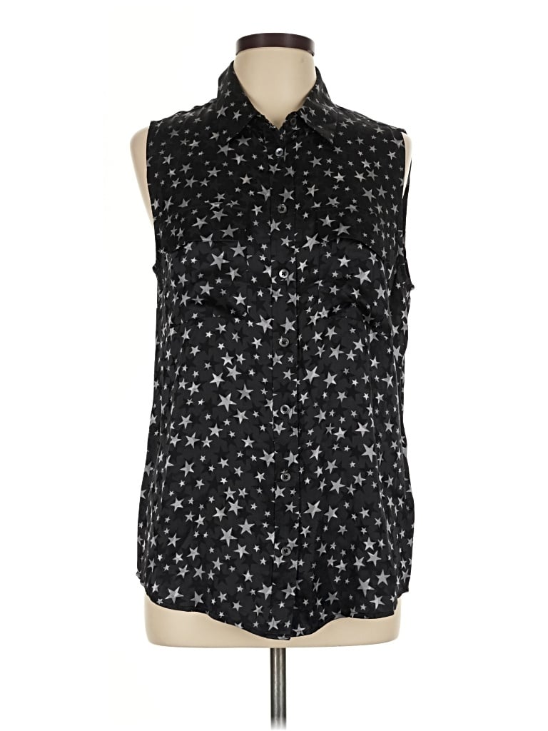 Pre-owned Equipment Sleeveless Silk Top Black Stars Pattern Collared Neckline Tops